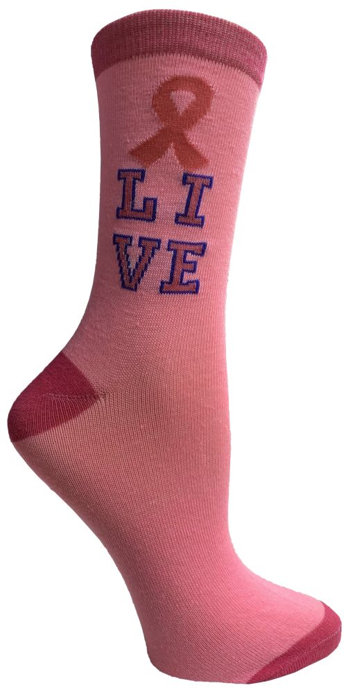 PINK RIBBON LIVE BREAST CANCER AWARENESS CREW SOCKS FOR WOMEN 12 pack