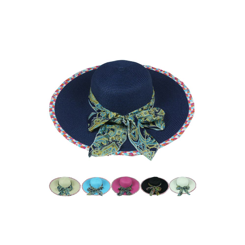 LADIES SOLID COLOR SUMMER HAT WITH PRINTED BOW AND BRIM 24 pack at