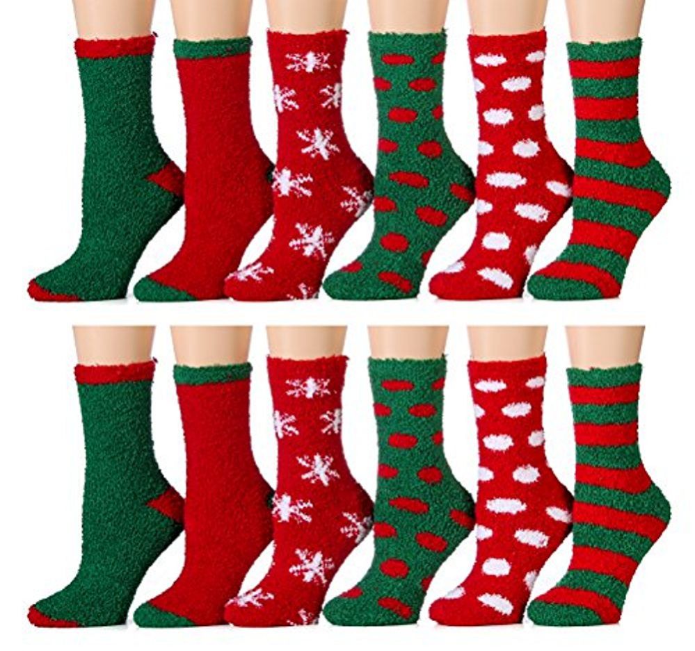 12 Pairs of excell Women's Christmas Holiday Striped Fuzzy Socks