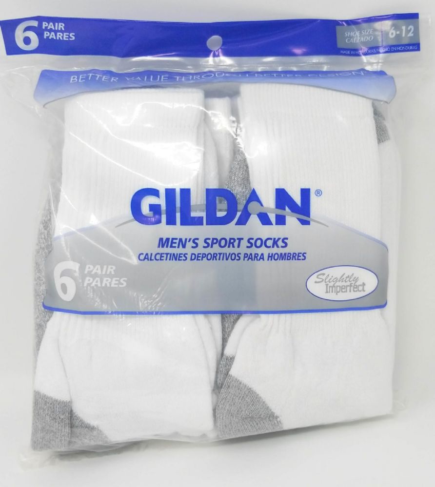 White Gildan Men's Crew Sport Cotton Socks 6Pack 30 pack at