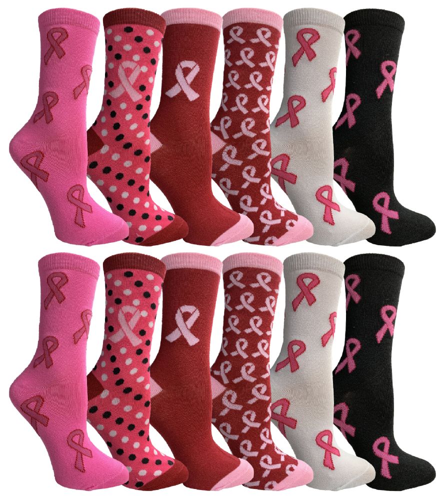 Pink Ribbon Breast Cancer Awareness Crew Socks For Women 12 Pack At Socksinbulk Com Socksinbulk Com