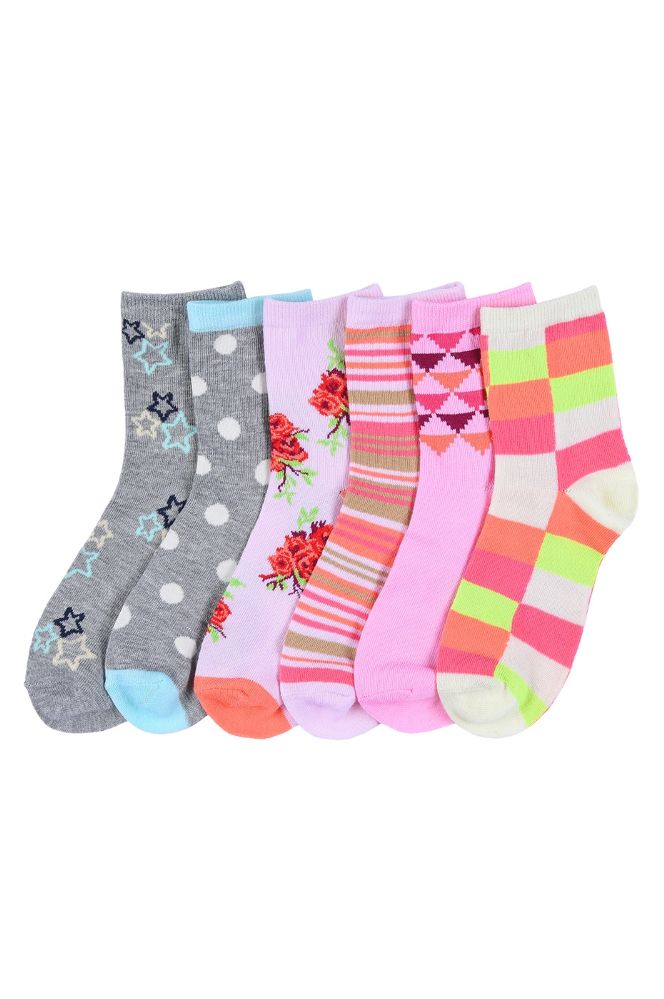 GIRL'S ASSORTED DESIGN CREW SOCKS SIZE 68 216 pack at socksinbulk