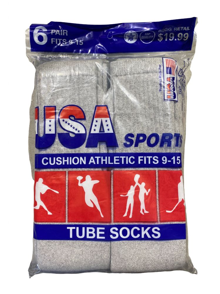 Usa Men's Sport Tube Socks, Referee Style, Size 915 Solid Gray Bulk